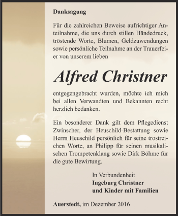 Traueranzeige von Alfred Christner von Thüringer Allgemeine, Thüringische Landeszeitung