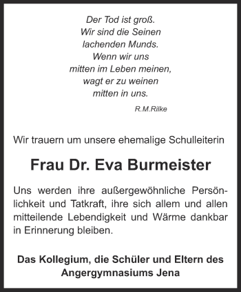 Traueranzeige von Eva Burmeister von Ostthüringer Zeitung, Thüringische Landeszeitung