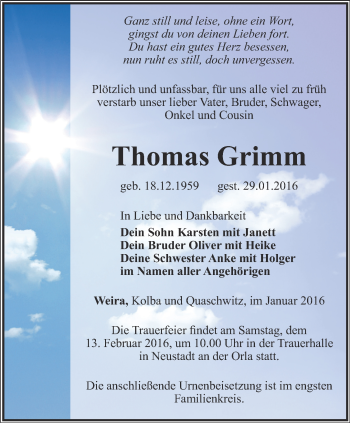 Traueranzeige von Thomas Grimm von Ostthüringer Zeitung