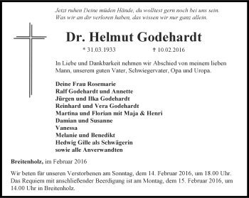 Traueranzeige von Helmut Godehardt von Thüringer Allgemeine