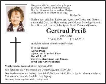 Traueranzeige von Gertrud Preiß von Thüringer Allgemeine