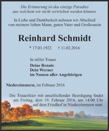 Traueranzeige von Reinhard Schmidt von Thüringer Allgemeine, Thüringische Landeszeitung