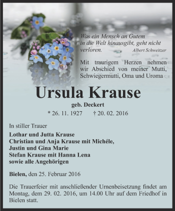 Traueranzeige von Ursula Krause von Thüringer Allgemeine