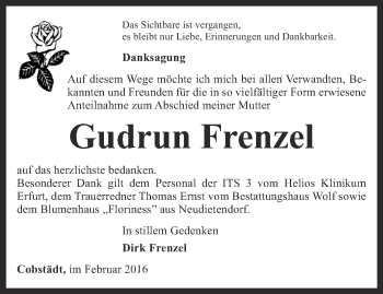 Traueranzeige von Gudrun Frenzel von Ostthüringer Zeitung, Thüringische Landeszeitung