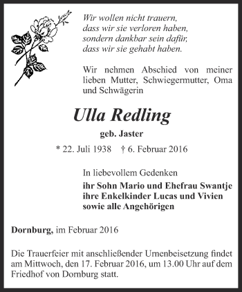 Traueranzeige von Ulla Redling von Ostthüringer Zeitung, Thüringische Landeszeitung