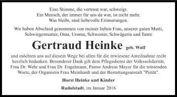 Traueranzeige von Gertraud Heinke von Ostthüringer Zeitung