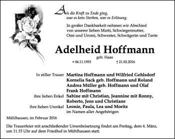Traueranzeige von Adelheid Hoffmann von Thüringer Allgemeine, Thüringische Landeszeitung