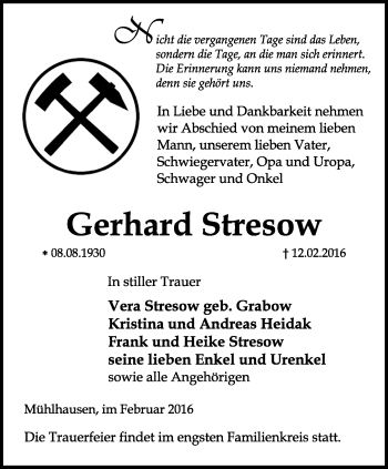 Traueranzeige von Gerhard Stresow von Thüringer Allgemeine, Thüringische Landeszeitung