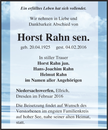 Traueranzeige von Horst Rahn von Thüringer Allgemeine