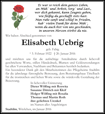 Traueranzeige von Elisabeth Uebrig von Thüringer Allgemeine