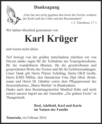 Traueranzeige von Karl Krüger von Thüringer Allgemeine, Thüringische Landeszeitung