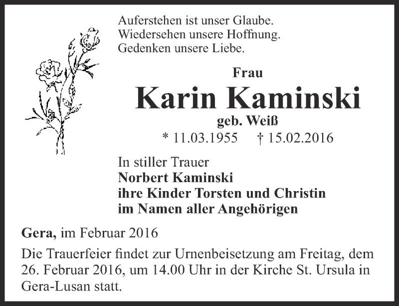  Traueranzeige für Karin Kaminski vom 20.02.2016 aus Ostthüringer Zeitung
