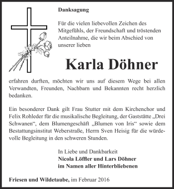 Traueranzeige von Karla Döhner von Ostthüringer Zeitung