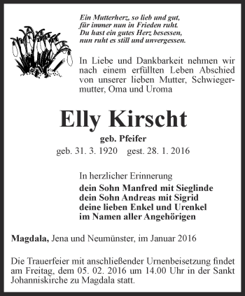 Traueranzeige von Elly Kirscht von Thüringer Allgemeine, Thüringische Landeszeitung