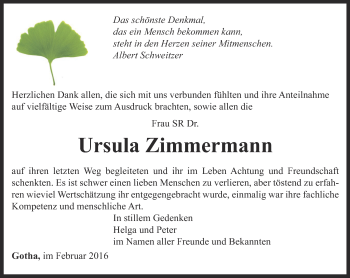 Traueranzeige von Ursula Zimmermann von Ostthüringer Zeitung, Thüringische Landeszeitung