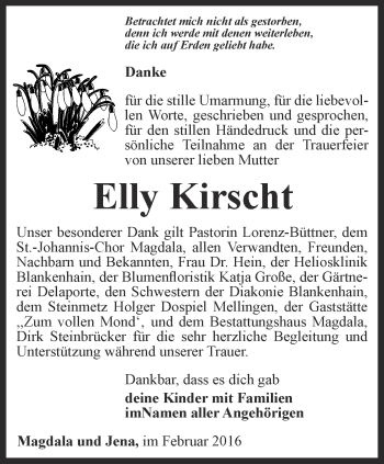 Traueranzeige von Kirscht Elly von Thüringer Allgemeine, Thüringische Landeszeitung