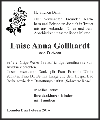 Traueranzeige von Luise Anna Gollhardt von Thüringer Allgemeine, Thüringische Landeszeitung