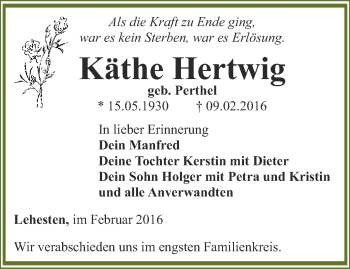 Traueranzeige von Käthe Hertwig von Ostthüringer Zeitung