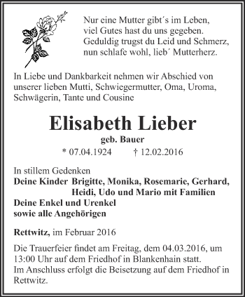 Traueranzeige von Elisabeth Lieber von Thüringer Allgemeine, Thüringische Landeszeitung