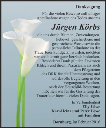 Traueranzeige von Jürgen Körbs von Ostthüringer Zeitung, Thüringische Landeszeitung
