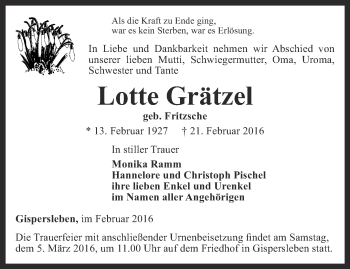 Traueranzeige von Lotte Grätzel von Thüringer Allgemeine, Thüringische Landeszeitung