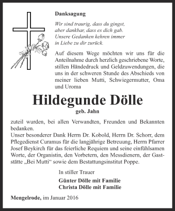 Traueranzeige von Hildegunde Dölle von Thüringer Allgemeine