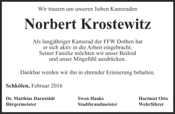 Traueranzeige von Norbert Krostewitz von Ostthüringer Zeitung