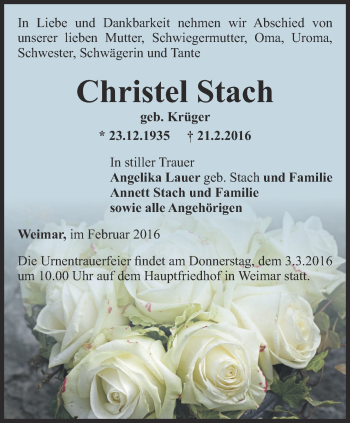 Traueranzeige von Christel Stach von Thüringer Allgemeine, Thüringische Landeszeitung