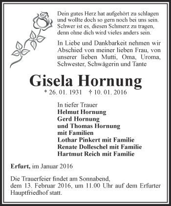 Traueranzeige von Gisela Hornung von Thüringer Allgemeine, Thüringische Landeszeitung