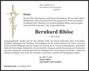 Traueranzeige von Bernhard Rhöse von Thüringer Allgemeine