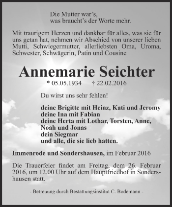 Traueranzeige von Annemarie Seichter von Thüringer Allgemeine