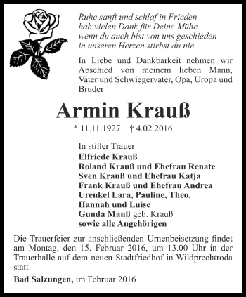 Traueranzeige von Armin Krauß von Thüringer Allgemeine, Thüringische Landeszeitung