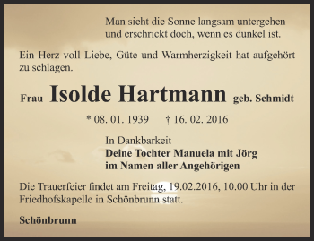 Traueranzeige von Isolde Hartmann von Ostthüringer Zeitung