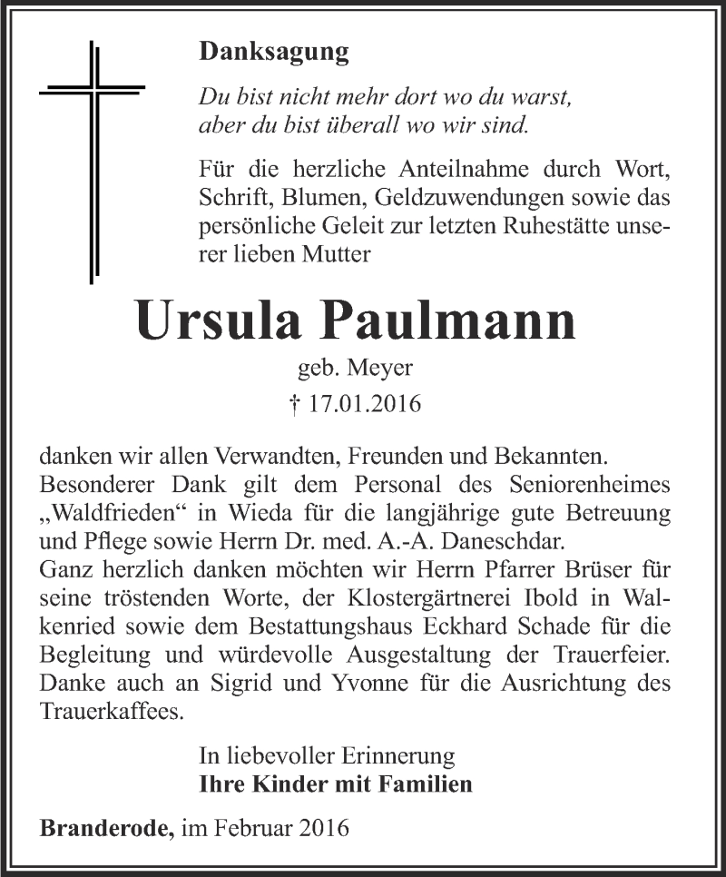  Traueranzeige für Ursula Paulmann vom 13.02.2016 aus Thüringer Allgemeine