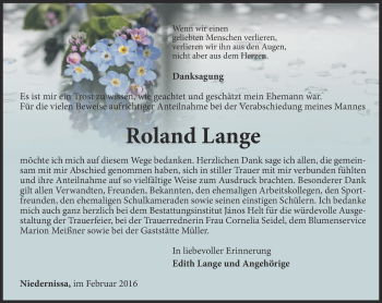 Traueranzeige von Roland Lange von Thüringer Allgemeine, Thüringische Landeszeitung