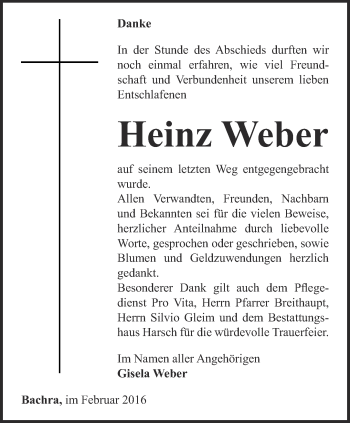 Traueranzeige von Heinz Weber von Thüringer Allgemeine