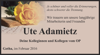 Traueranzeige von Ute Adamietz von Ostthüringer Zeitung, Thüringische Landeszeitung