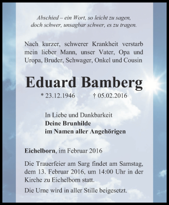 Traueranzeige von Eduard Bamberg von Thüringer Allgemeine, Thüringische Landeszeitung