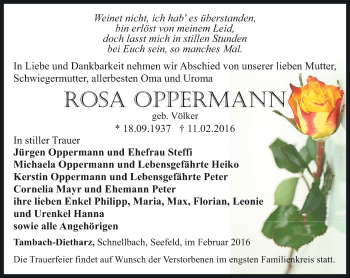 Traueranzeige von Rosa Oppermann von Ostthüringer Zeitung, Thüringische Landeszeitung