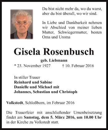 Traueranzeige von Gisela Rosenbusch von Ostthüringer Zeitung