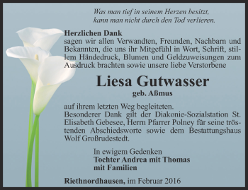Traueranzeige von Liesa Gutwasser von Thüringer Allgemeine, Thüringische Landeszeitung