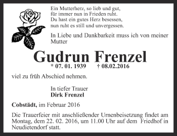 Traueranzeige von Gudrun Frenzel von Ostthüringer Zeitung, Thüringische Landeszeitung