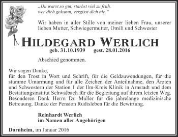 Traueranzeige von Hildegard Werlich von Thüringer Allgemeine