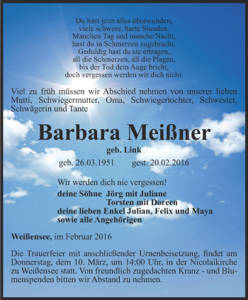 Traueranzeige von Barbara Meißner von Thüringer Allgemeine