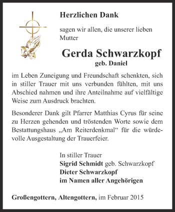 Traueranzeige von Gerda Schwarzkopf von Thüringer Allgemeine, Thüringische Landeszeitung