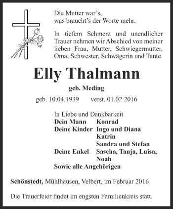 Traueranzeige von Elly Thalmann von Thüringer Allgemeine, Thüringische Landeszeitung