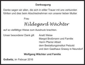 Traueranzeige von Hildegard Wächter von Ostthüringer Zeitung