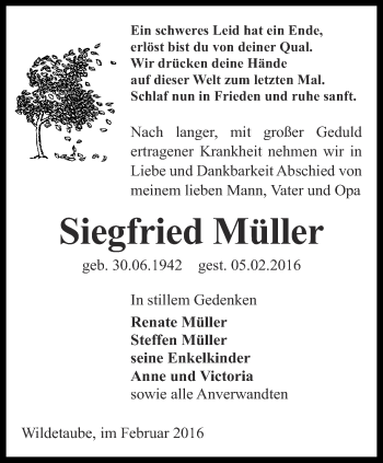 Traueranzeige von Siegfried Müller von Ostthüringer Zeitung