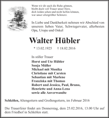 Traueranzeige von Walter Hübler von Ostthüringer Zeitung