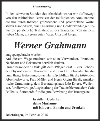 Traueranzeige von Werner Grahmann von Thüringer Allgemeine